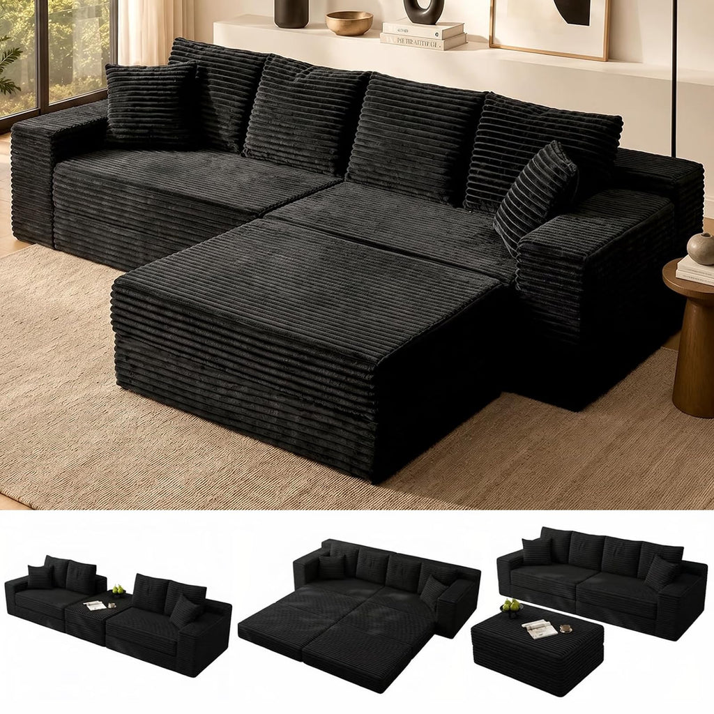 130" Modular Sectional Sofa with Ottoman, U-Shaped Corduroy Couch
