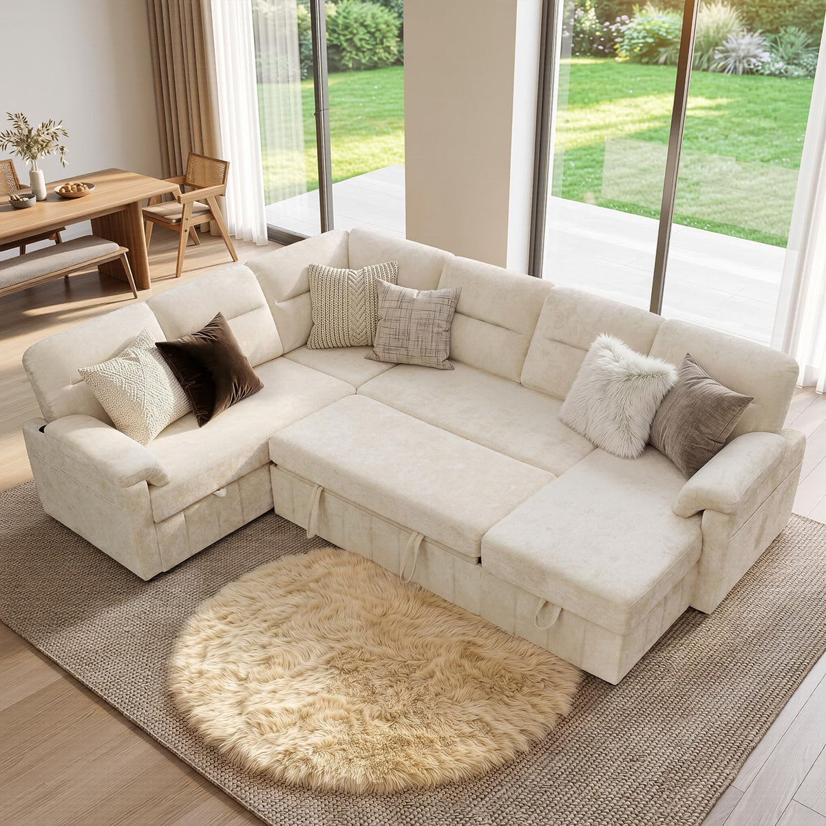 Tbfit 107" U-Shaped Sectional Sleeper Sofa, 7-Seat Sofa with USB & Storage Chaise for Family Rooms, Beige