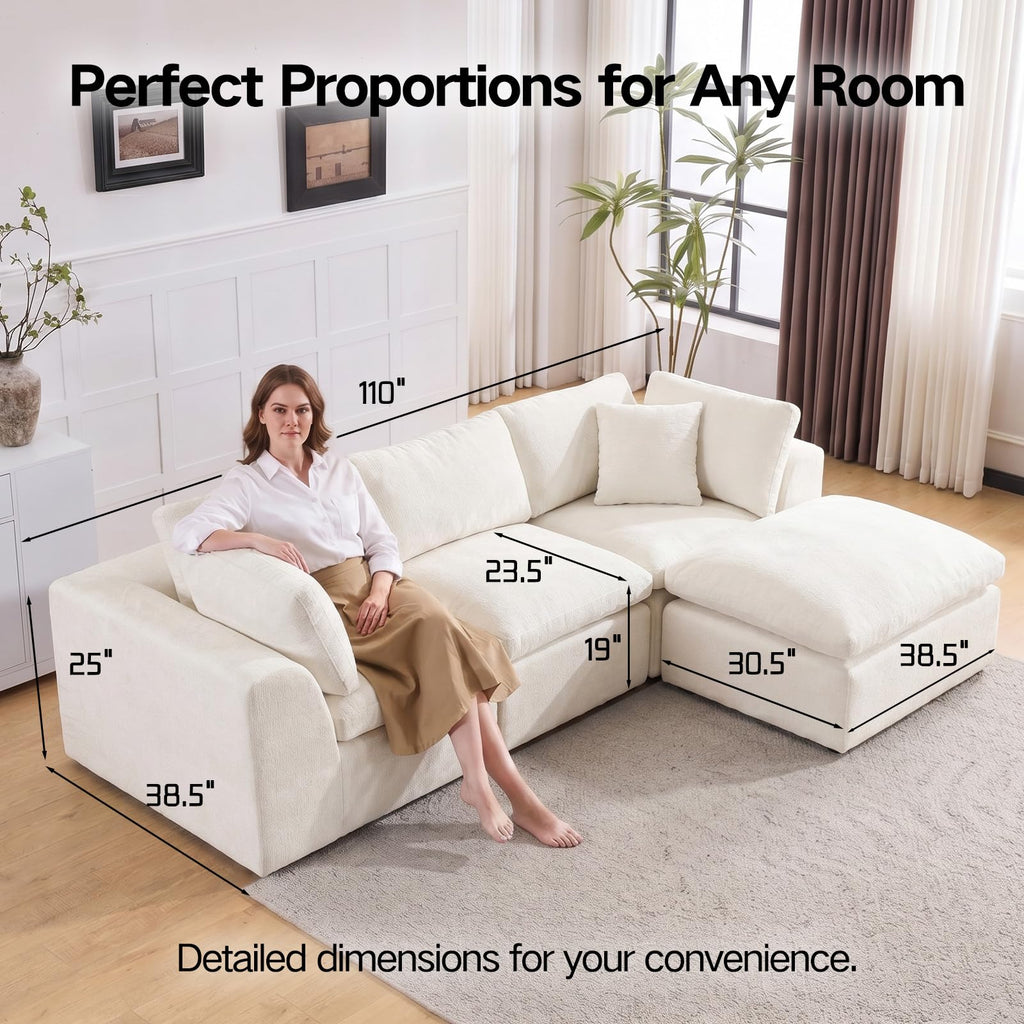 110" Beige Boneless Sectional Couch with Ottoman
