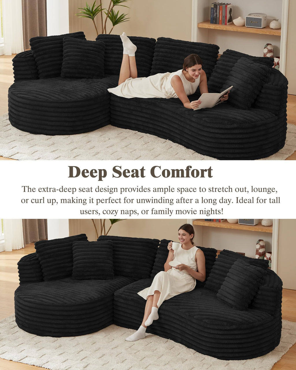 121 inch Boneless Cloud Modular Sectional Couch, Wide Curved L Shaped Sofa with Chaise | Corduroy Fabric | Compressed Foam Sofa for Living Room | No Assembly Black