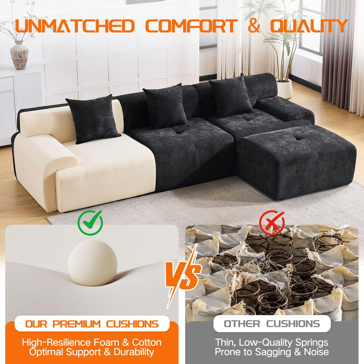 120" Cloud Couch Sectional, Boneless L-Shaped Sofa, Chenille Sofa, Black