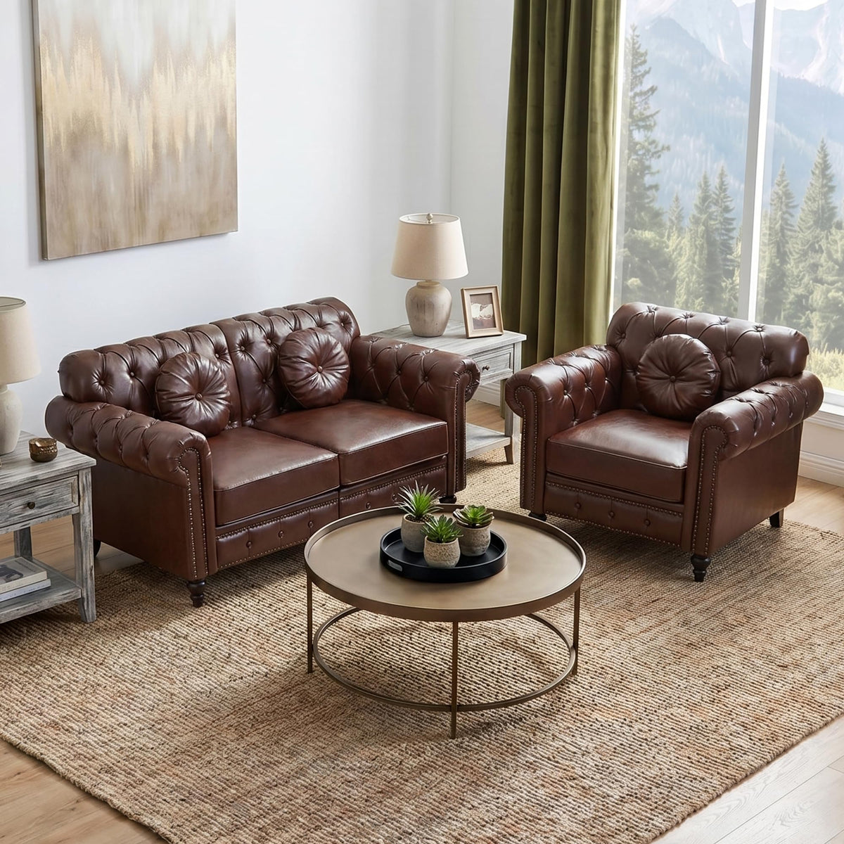 XUZENEST 3-Piece Chesterfield Sofa Set with 3-Seater Sofa&Loveseat&Chair