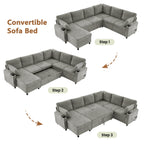 109.9" U-Shaped Sectional Sofa Bed Light Grey, Convertible Sofa with Storage Chaise, Built-in Cup Holders & Charging Ports, Chenille Fabric Living Room Furniture