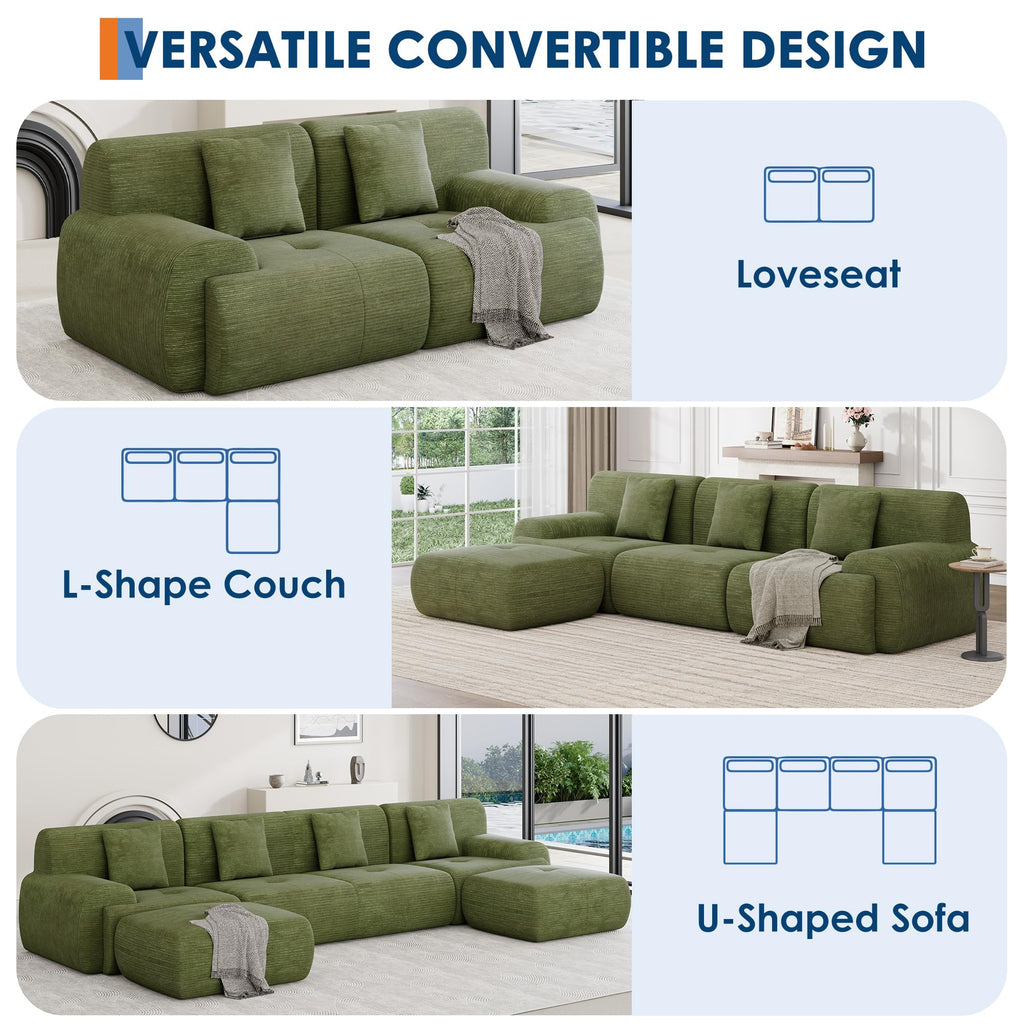 U Shaped Sectional Couch, Modular Cloud Couch Sofa, Boneless Sectional Sofa with Corduroy Fabric, Large Couches for Living Room,Green
