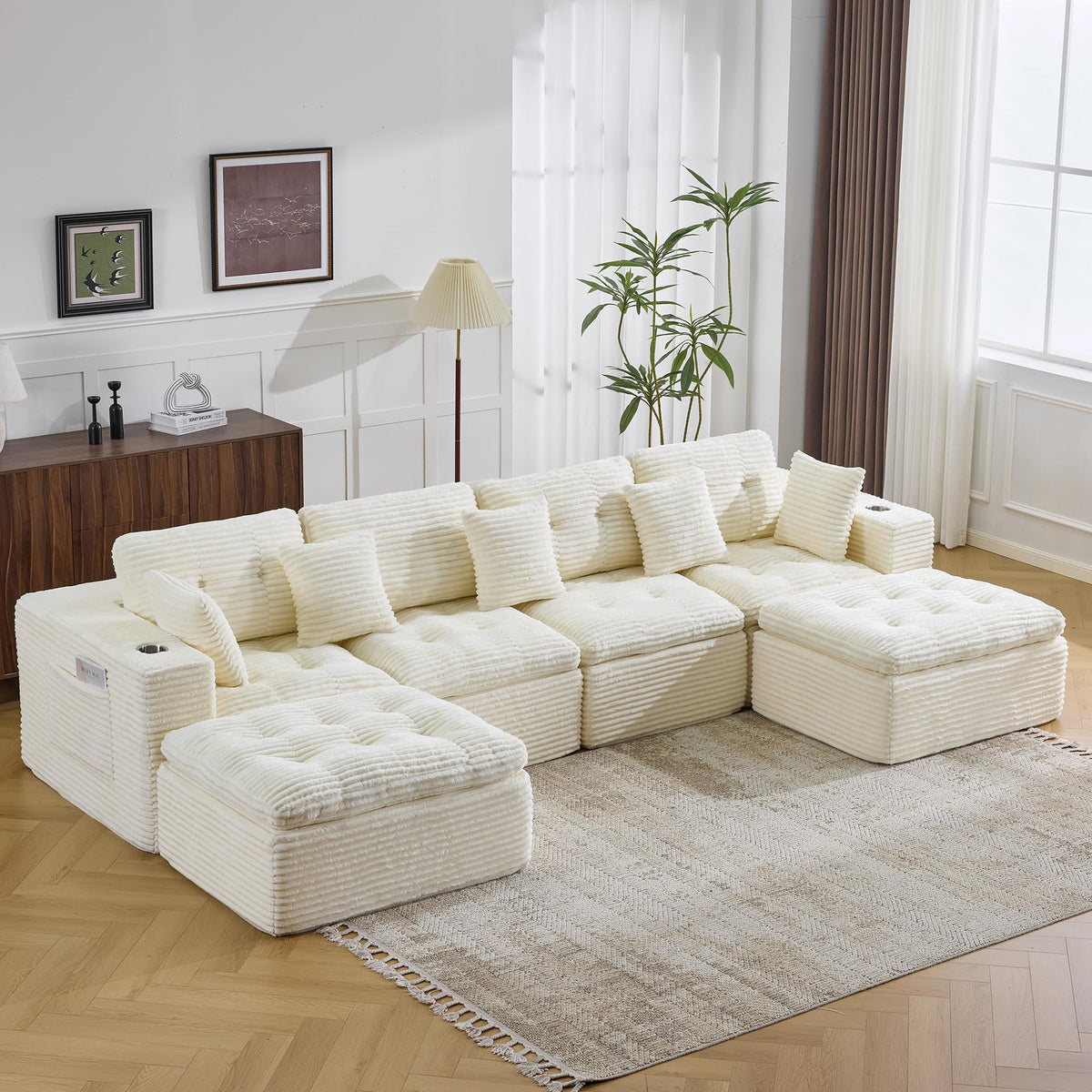 108.08" Boneless Sectional Couch, Modern U Shaped Modular Sectional Sofa Corduroy Upholstered for Living Room Oversized Deep Seat Cloud Couch with 2 Ottoman, No Assembly, Black