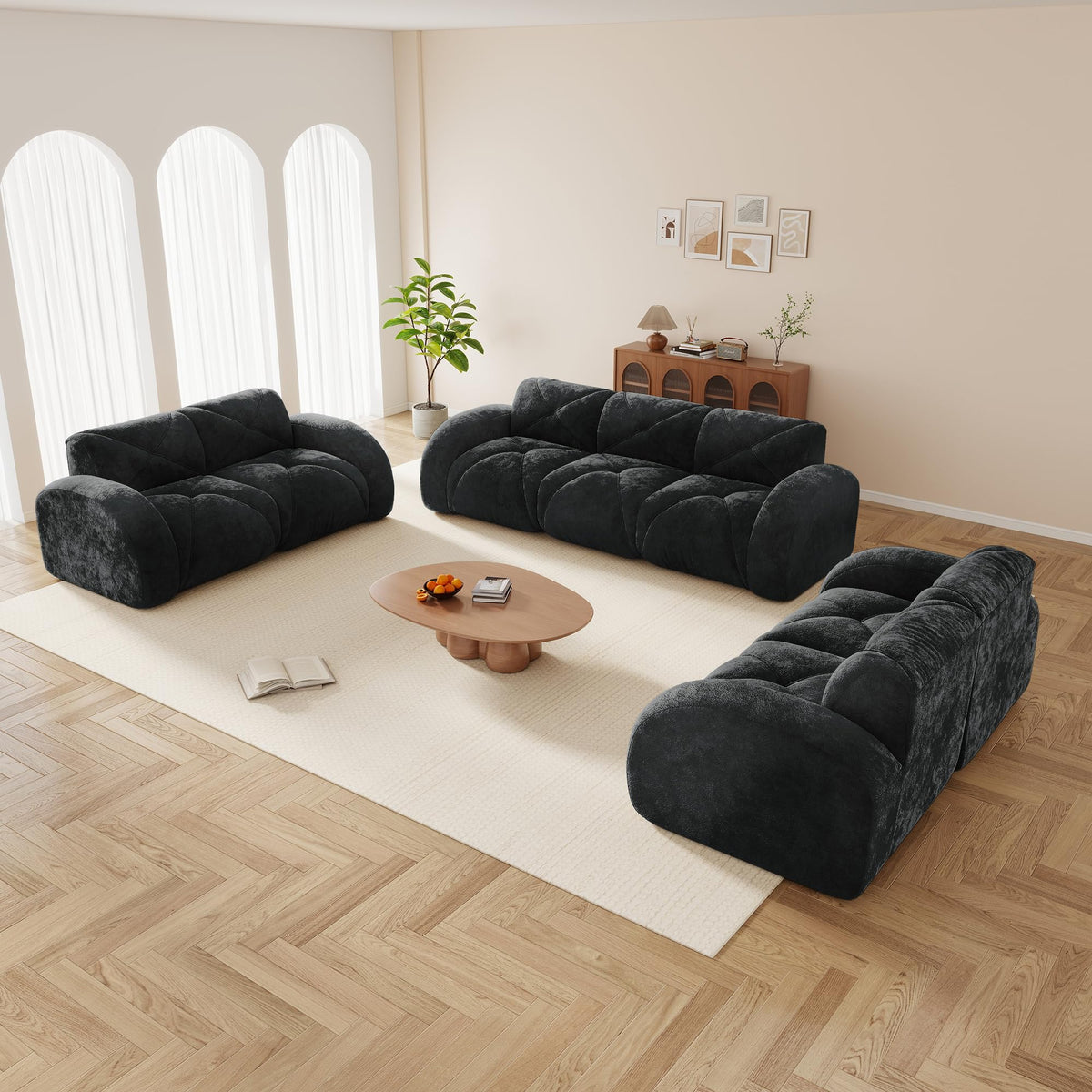110.6" U Shaped Boneless Couch with Ottoman, Convertible Modular Sectional Cloud Sofa, Deep Seat 5 Seater Velvet Couch, 32D High Density Foam Sofas for Living Room, No Assembly Required, Camel