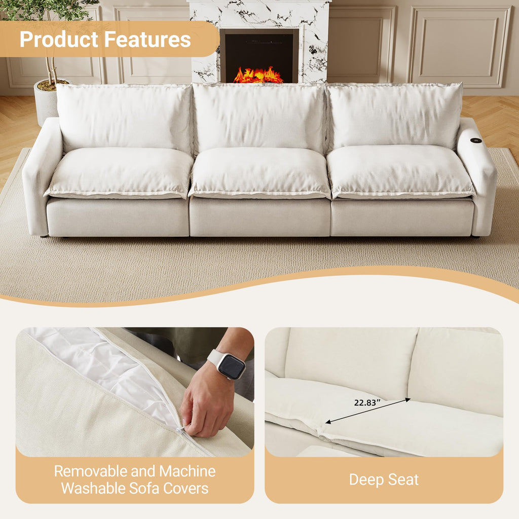 WJShome 116''Oversized Cloud Couch Modular Sectional Reclining Couches for Living Room, Reclining Couch with USB/Type C and Wireless Charging, 3 Seat with Power Recliner Sofa, Beige
