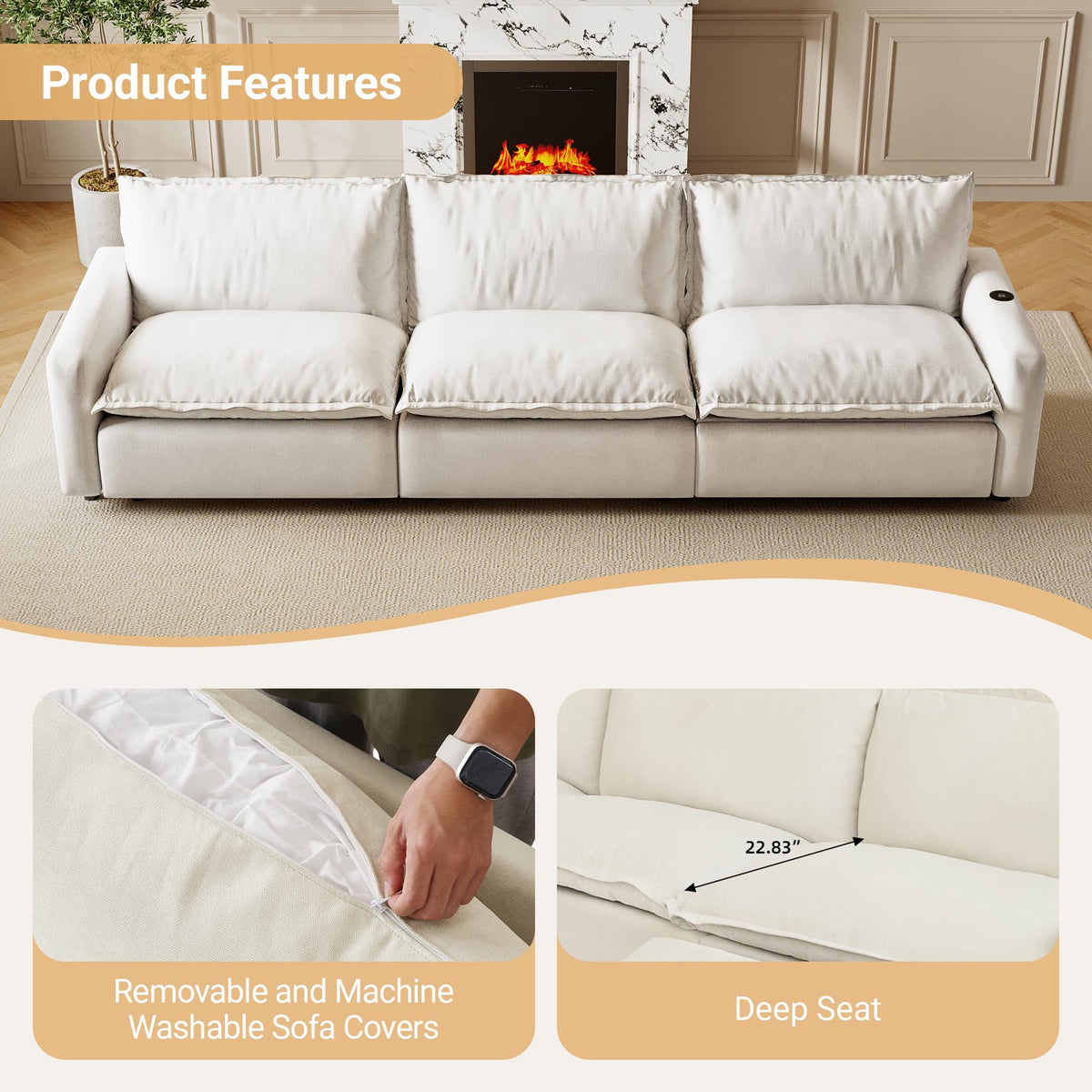 WJShome 116''Oversized Cloud Couch Modular Sectional Reclining Couches for Living Room, Reclining Couch with USB/Type C and Wireless Charging, 3 Seat with Power Recliner Sofa, Beige