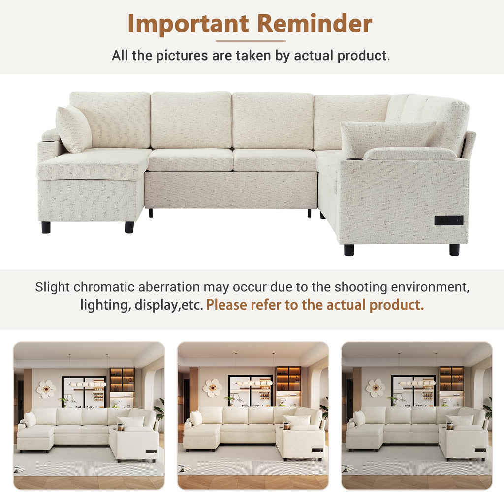 109.9" Sectional Sofa Sofa Bed Sofa Sleeper U Shaped Sofa with Ample Storage Space, Two Cup Holders and Charging Ports for Living Room, Beige