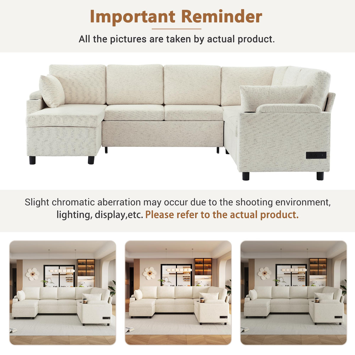 109.9" Sectional Sofa Sofa Bed Sofa Sleeper U Shaped Sofa with Ample Storage Space, Two Cup Holders and Charging Ports for Living Room, Beige