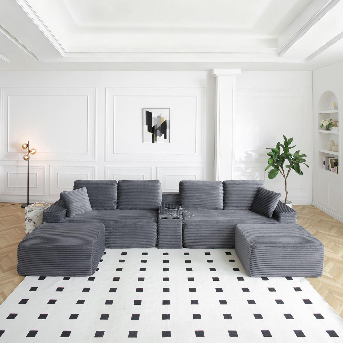 125" U Shaped Sectional Couch,Boneless Cloud Couch Featuring USB Ports,Cup Holders & Storage.Made of Corduroy Fabric and Features Two Movable Sofa Modules for Flexible Living Room Layouts. (Gray)