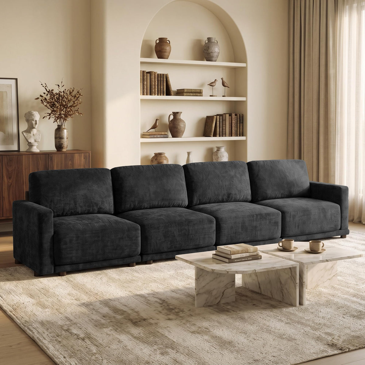 110.6" Modular Sectional Sofa with Ottoman, Upholstered L Shaped Sectional Couch with Thick Cushions, Oversized Chenille Comfy 4 Seater Sofas for Living Room, Easy Assembly, White