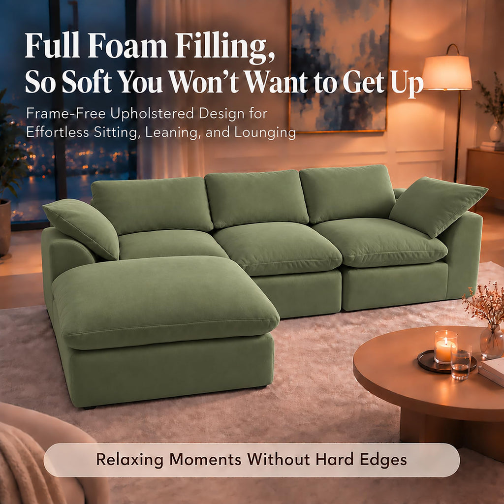 108" Cloud Sectional Couches for Living Room with Ottoman,Green