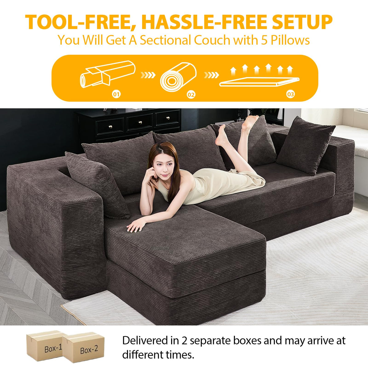 108" Boneless Sectional Chaise Couch, 17.5" Seat Height,Black Grey