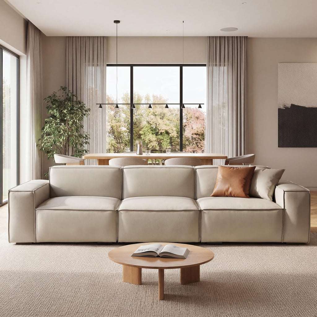 112.6" Modular Vegan Leather Sofa, Scratch-Resistant Deep Seat Couch with Solid Wood Frame, Modern 3-Seater Sectional Sofa for Living Room, Pet-Friendly Upholstered Sofa, Gray