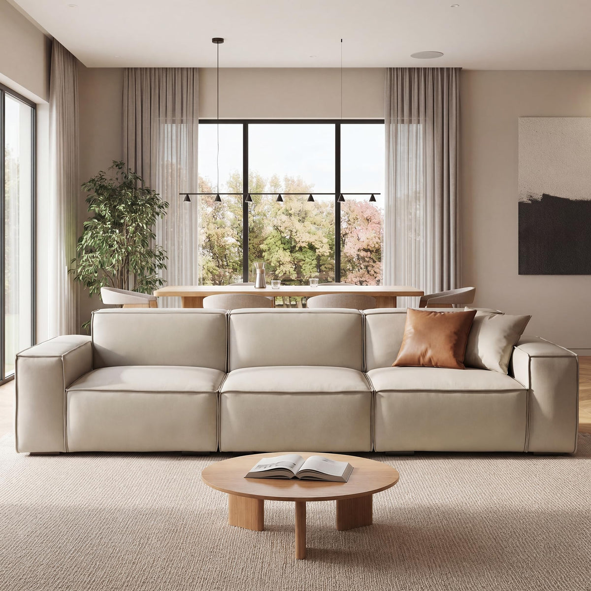 112.6" Modular Vegan Leather Sofa, Scratch-Resistant Deep Seat Couch with Solid Wood Frame, Modern 3-Seater Sectional Sofa for Living Room, Pet-Friendly Upholstered Sofa, Gray