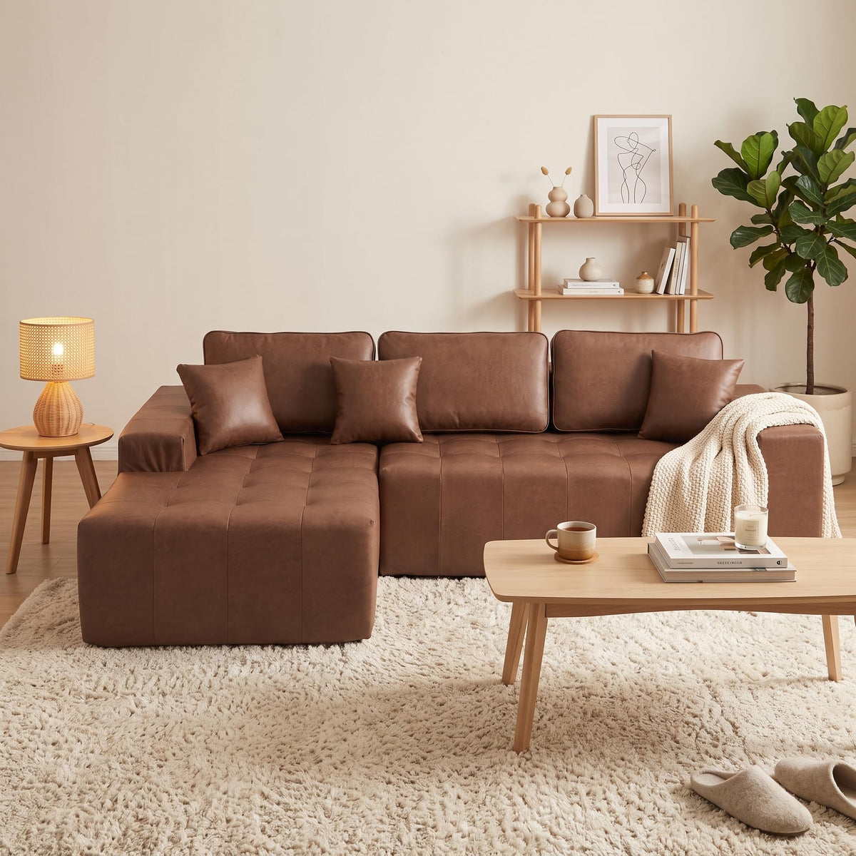 108" Faux Leather L-Shaped Sectional Sofa Bed, Corner Chaise Lounge with High-Density Sponge Cushions, No-Assembly Compressed Box Delivery, Convertible Couch for Living Room, Apartment, Guest Room