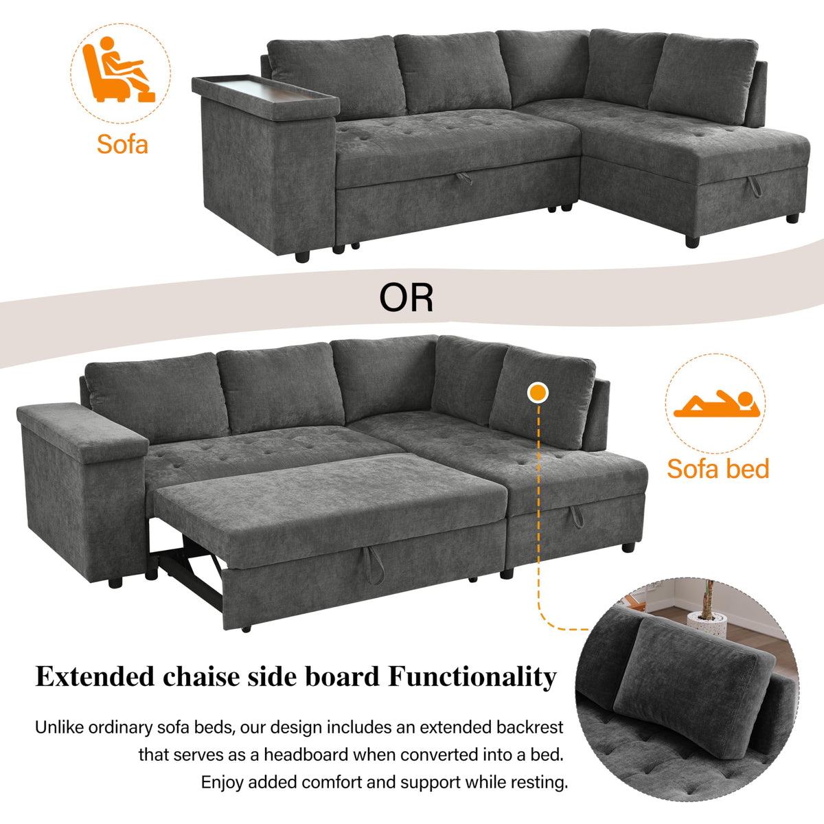 Tidyard L-Shaped Sectional Sofa with Pull-Out Bed & Hidden Storage, Convertible Sleeper for Living Room, Apartment, Bedroom – Wide Armrests, Under-Seat Storage