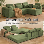 106" Convertible Sleeper Sectional Sofa Bed, 4-in-1 Corduroy Boneless Couch with Fixed-Shape Frame, Modular L-Shaped Sofa with Pillows, Fold Out Floor Sofa for Living Room Apartment (Light green)