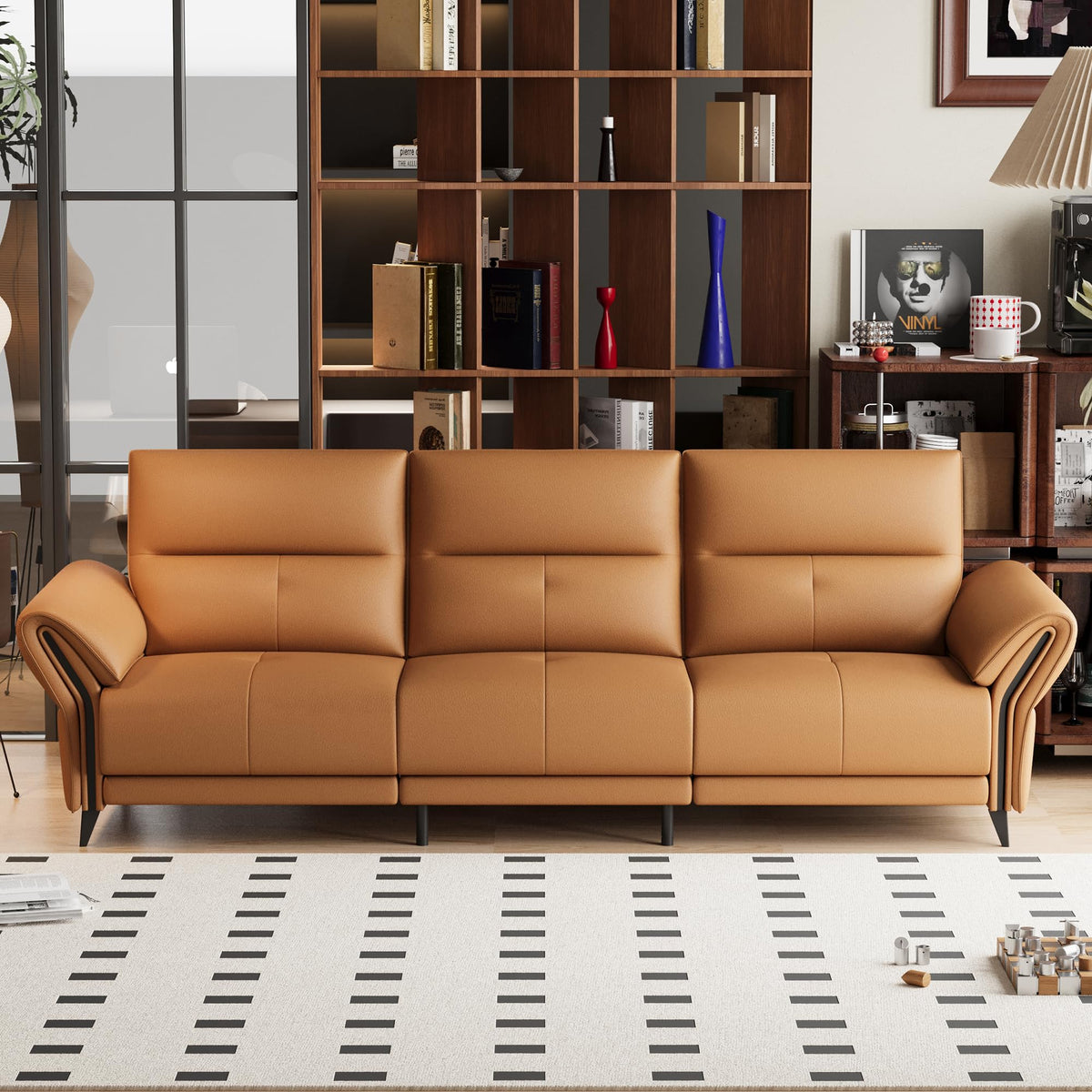 112.5" Orange Leather 3-Seat Power Recliner Sofa Dual Motor