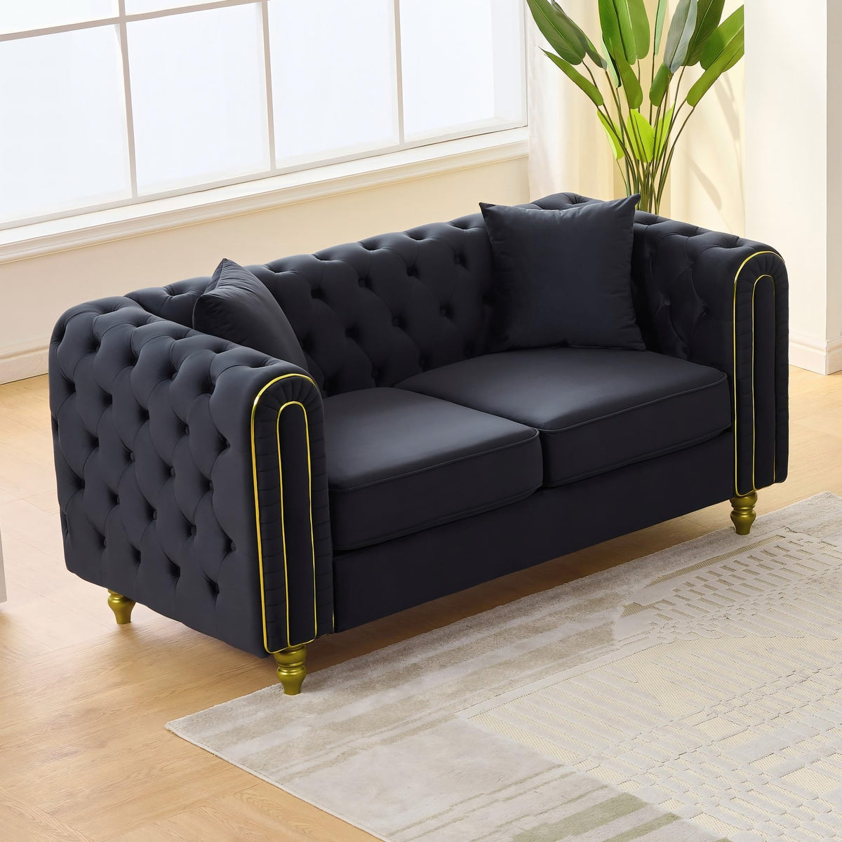 Velvet Chesterfield Sofa Set of 2, Mid Century Modern Deep Seat Loveseat + 3 Seater Couch with Golden Legs and Button Tufted, Upholstered Comfy Sofa with 2 Pillows for Living Room, Black Gold