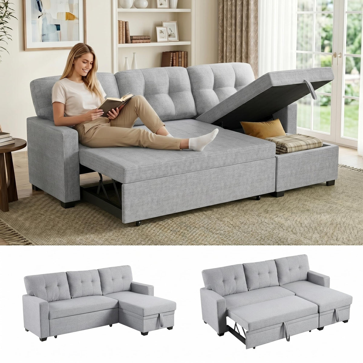 104.5" Sleeper Sectional Sofa Bed, L-Shaped Pull Out Couch