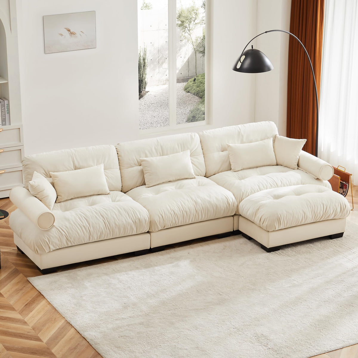 130" Modular Sectional Sofa,Velvet Upholstered Couches for Living Room,3 Seater Green Sofa Couch with Movable Ottoman,Big Comfy Loveseat Sofa with Deep Seats for Living Room,Apartment,Bedroom