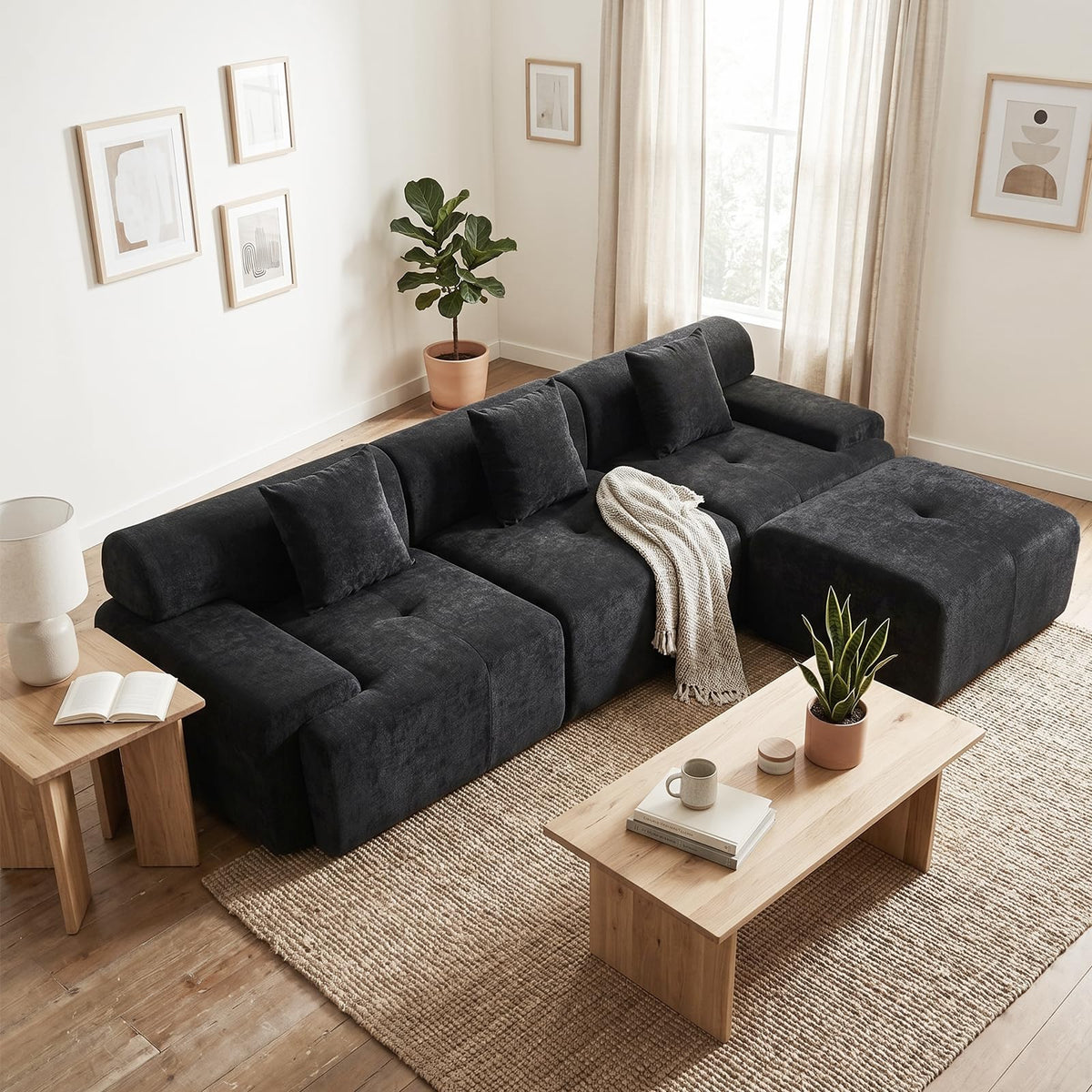 120" Cloud Couch Sectional, Boneless L-Shaped Sofa, Chenille Sofa, Black