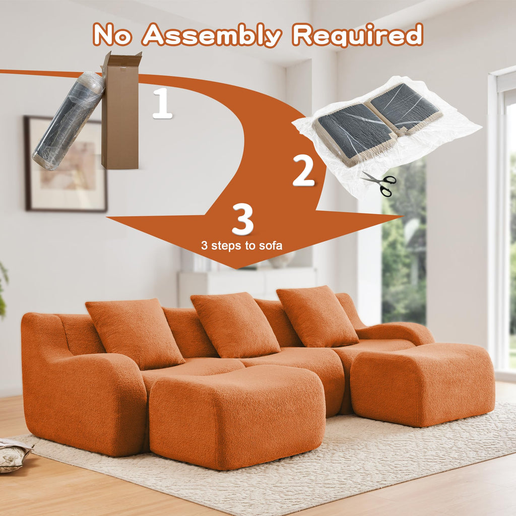 115.3" Modular Sectional Couches for Living Room, Teddy Deep Seat Sofa, 3 Seater Boneless Couch with 2 Ottoman,Orange