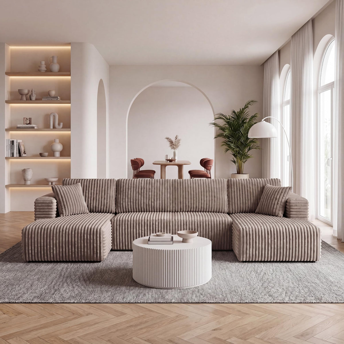 130-Inch U-Shaped Brown Cloud Sectional Couch Compressed Boneless Sectional Sofa with 2 Chaise Loungers