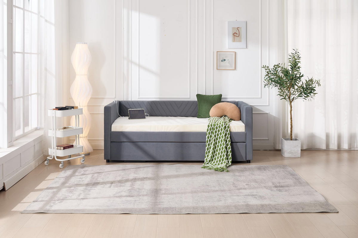 Twin Size Upholstered Daybed with Trundle,USB Port,Side Pockets, V Grained backrest Design,No Box Spring Needed, for Bedroom, Guest Room (Grey, Twin)