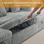 107" Sectional Sleeper Sofa with Pull Out Bed, Comfy Fluffy Plush Cloud Corduroy Sectional Couches for Living Room, U Shaped Modular Couch with Storage Chaise, Cup Holder & USB Charger, Grey