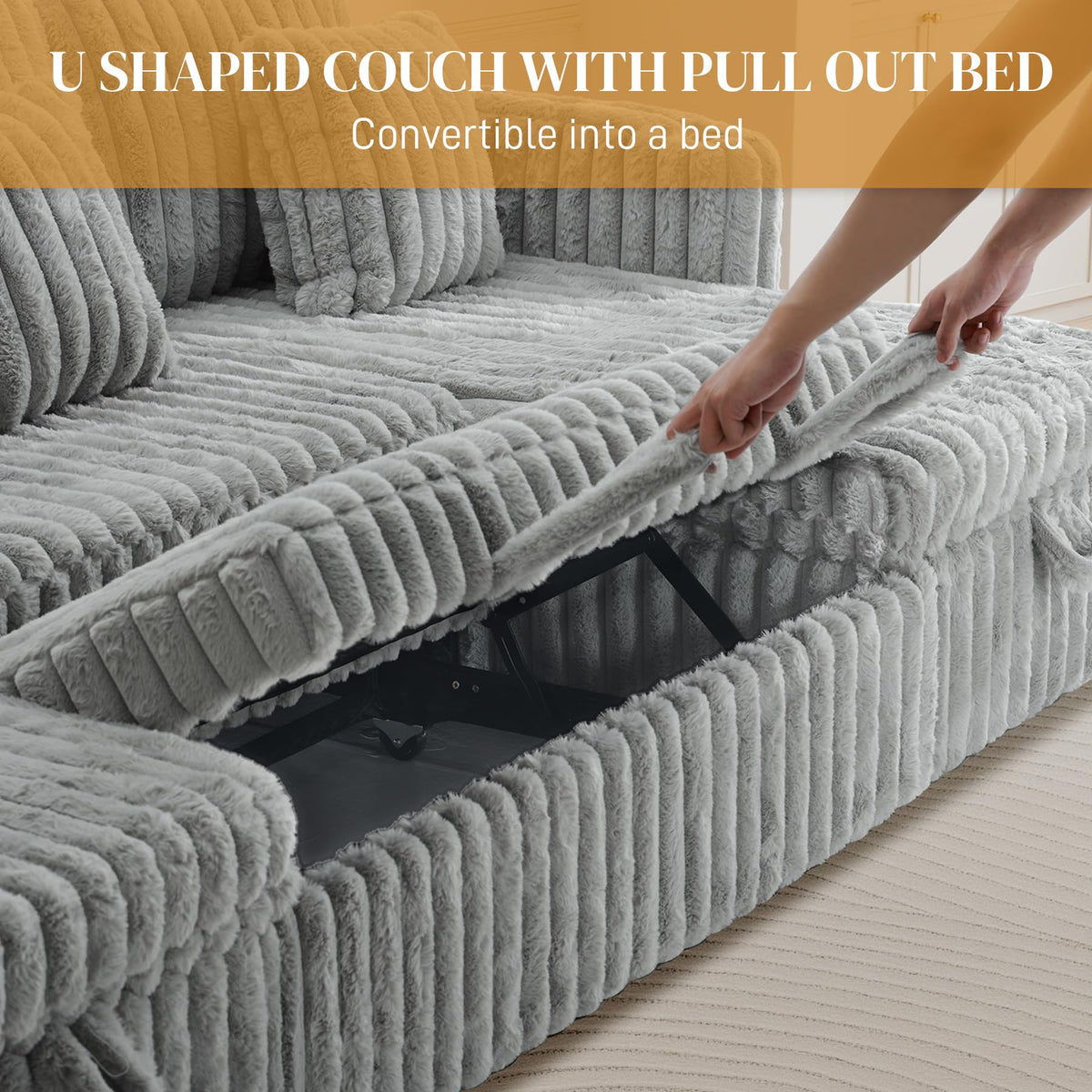 107" Sectional Sleeper Sofa with Pull Out Bed, Comfy Fluffy Plush Cloud Corduroy Sectional Couches for Living Room, U Shaped Modular Couch with Storage Chaise, Cup Holder & USB Charger, Grey