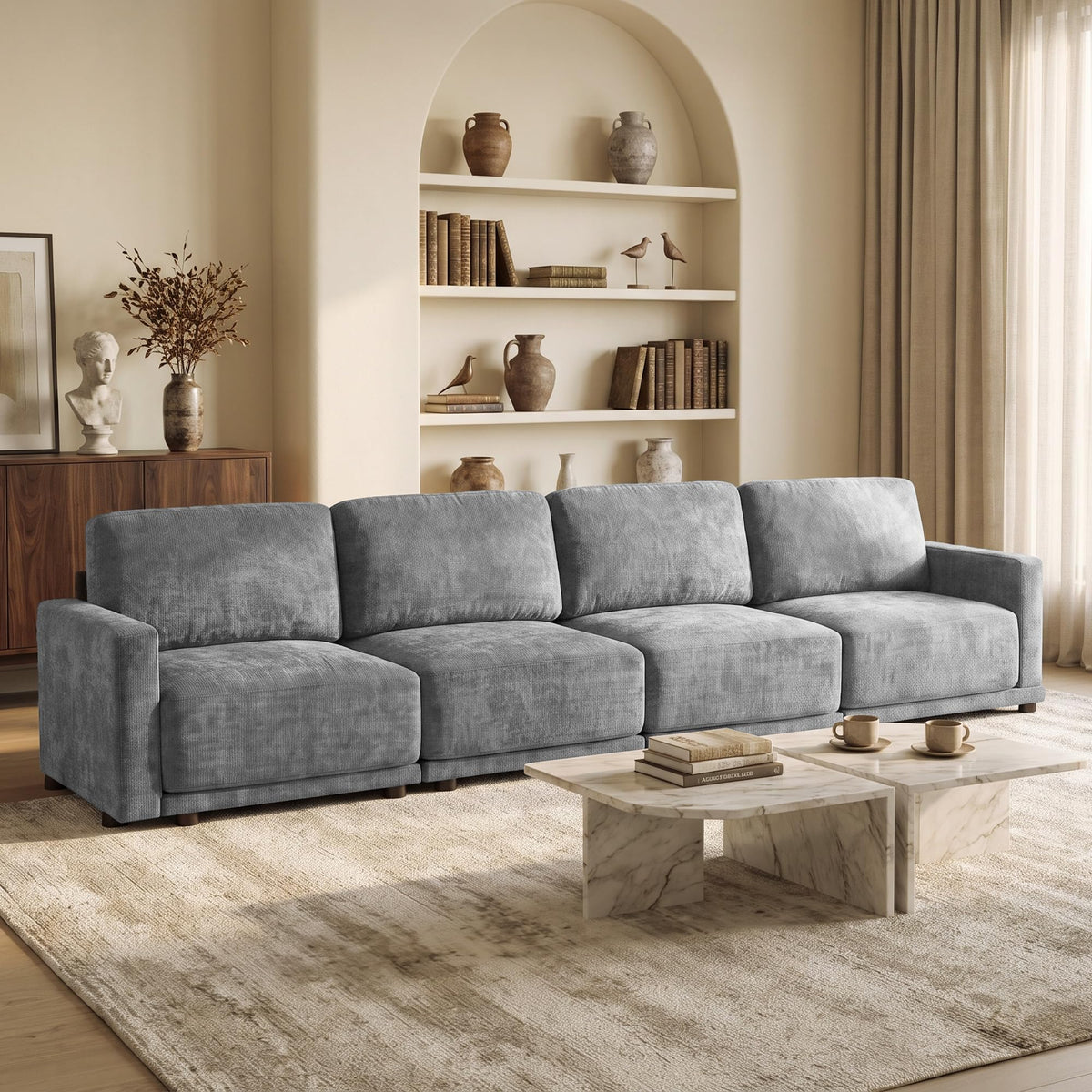 110.6" Modular Sectional Sofa with Ottoman, Upholstered L Shaped Sectional Couch with Thick Cushions, Oversized Chenille Comfy 4 Seater Sofas for Living Room, Easy Assembly, White