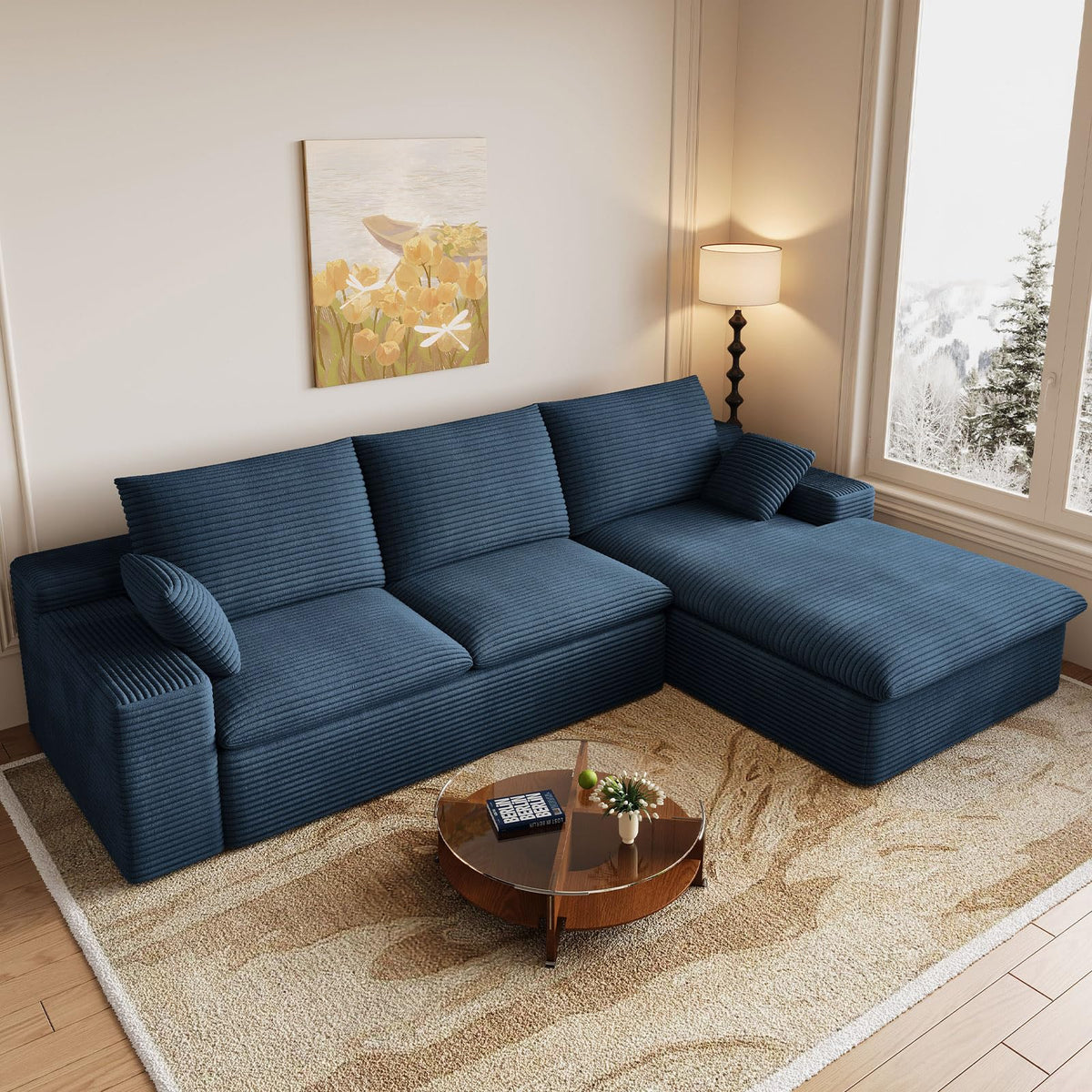 107" Cloud Couch Modular Sectional Couchs with Chaise Lounge, U-Shape Boneless Couches with Ottoman for Living Room, Corduroy Sofa with Deep Seat, No Assembly Required (Green, Left Facing Chaise)