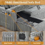 107" Sectional Sleeper Sofa with Pull Out Bed, Comfy Fluffy Plush Cloud Corduroy Sectional Couches for Living Room, U Shaped Modular Couch with Storage Chaise, Cup Holder & USB Charger, Grey