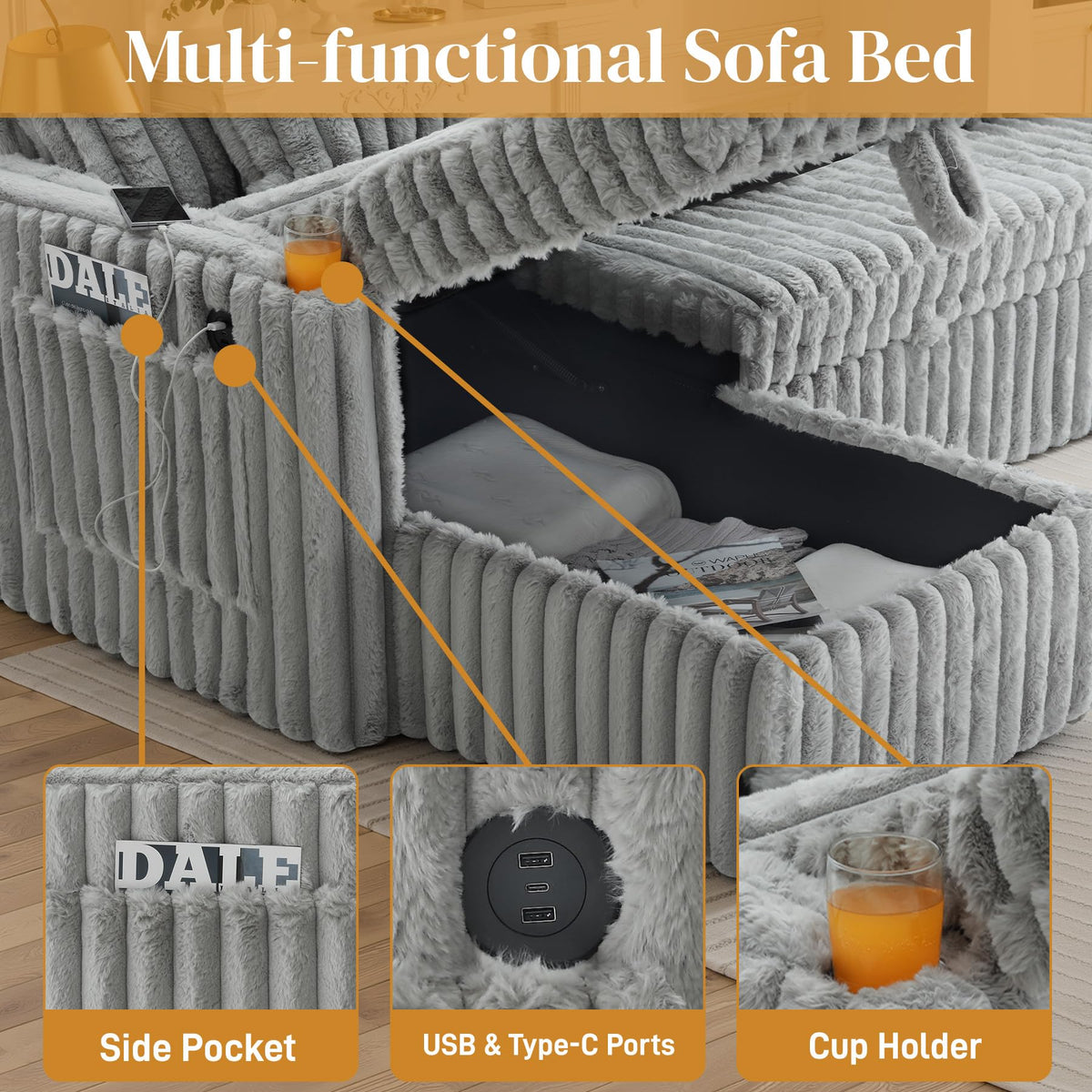 107" Sectional Sleeper Sofa with Pull Out Bed, Comfy Fluffy Plush Cloud Corduroy Sectional Couches for Living Room, U Shaped Modular Couch with Storage Chaise, Cup Holder & USB Charger, Grey