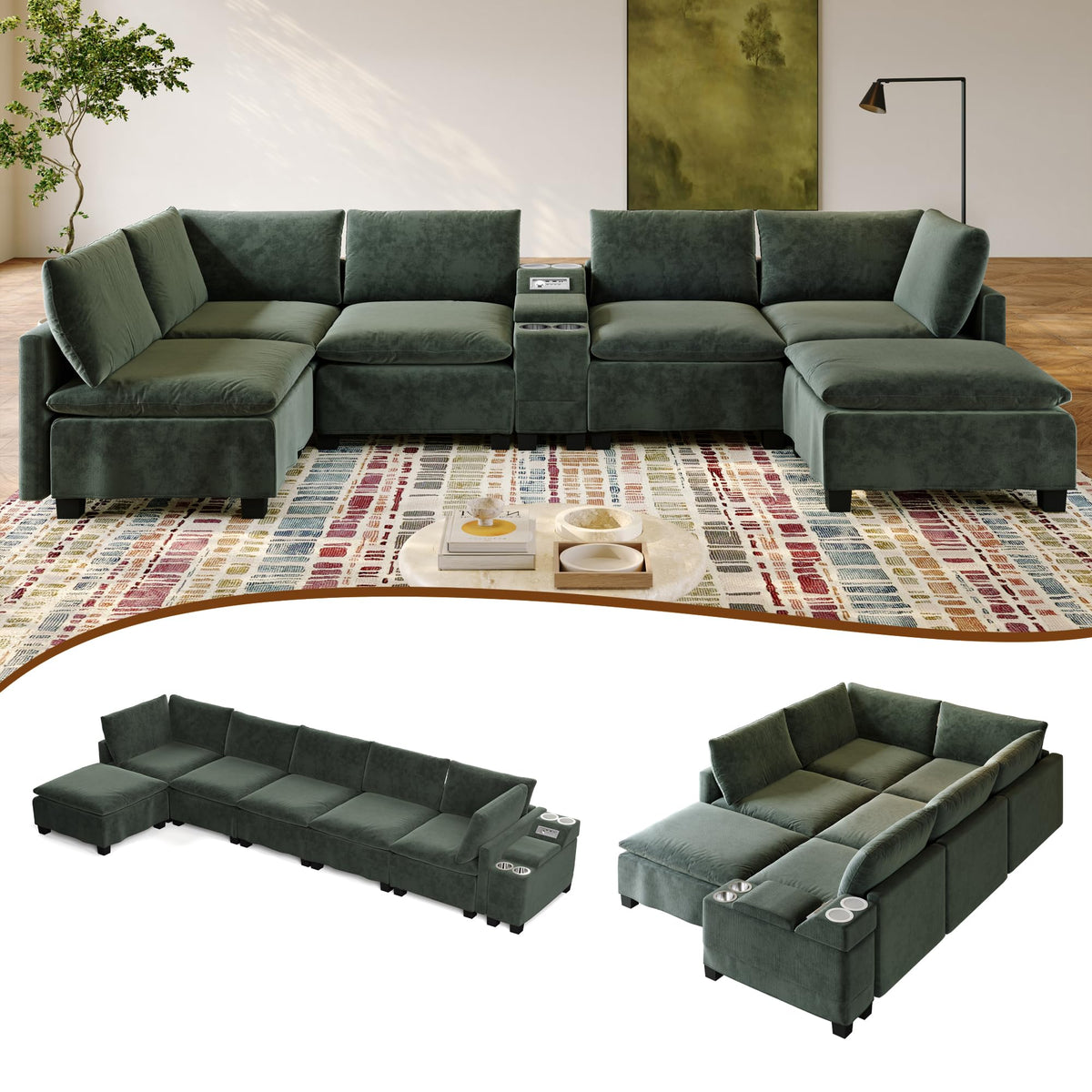 121.2" Oversized Sectional Couches U-Shaped Modular Sofa Bed,Green