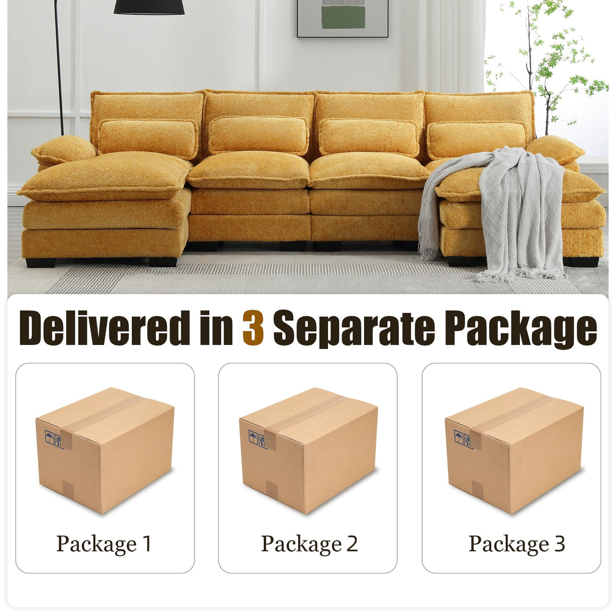 110'' U-Shaped Sectional Couch, Modern Chenille Extra Large Modular Sofa with 4 Cushions, Memory Foam Funiture Set with Double Lounger for Living Room, Office, Reception Room, Yellow