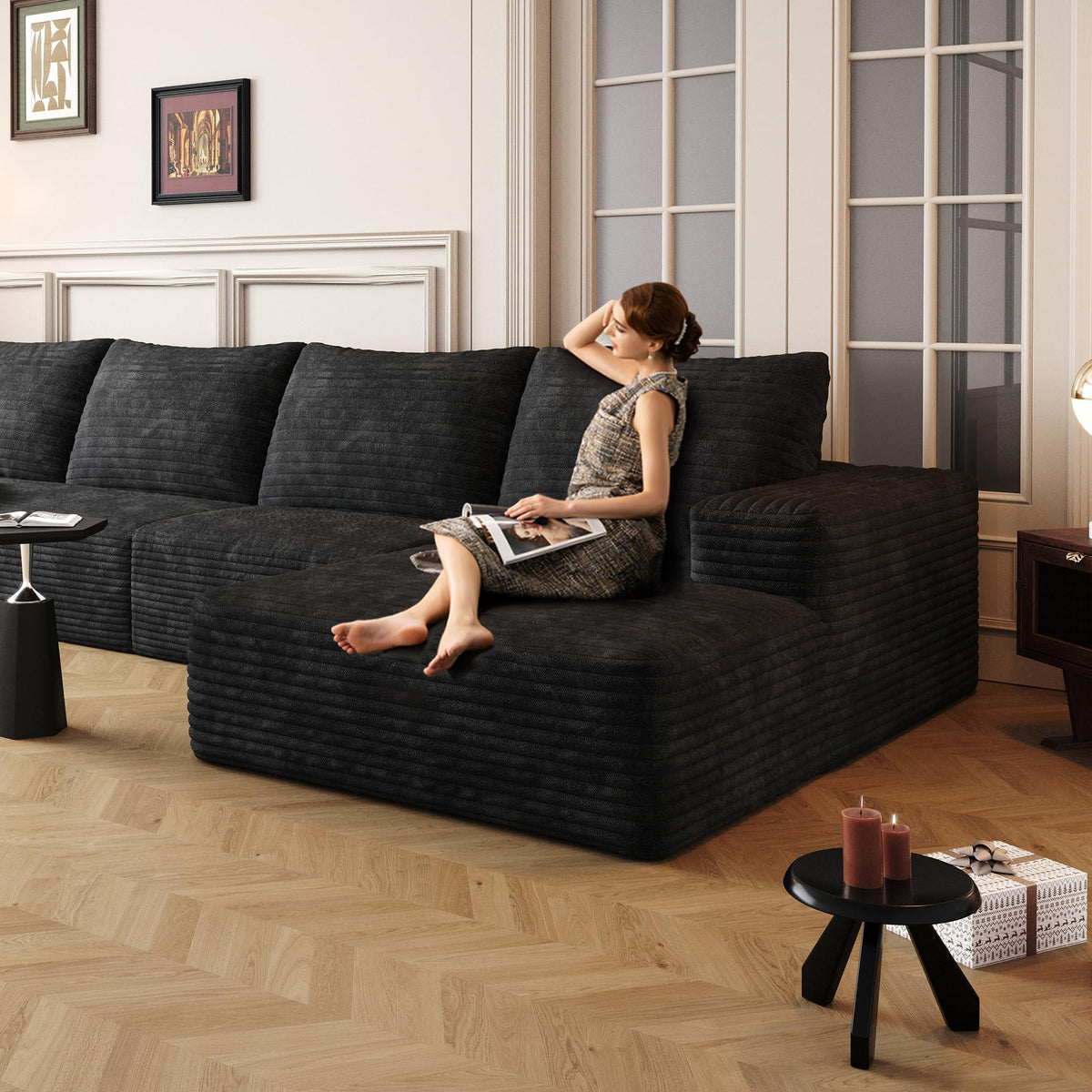 107" Cloud Sectional Couch with L Shape Chaise,Modular Sofa with Deep Seat, Upholstered Couches for Living Room Bedroom,No Assembly Required, Black(Plush Corduroy Fabric) IK741