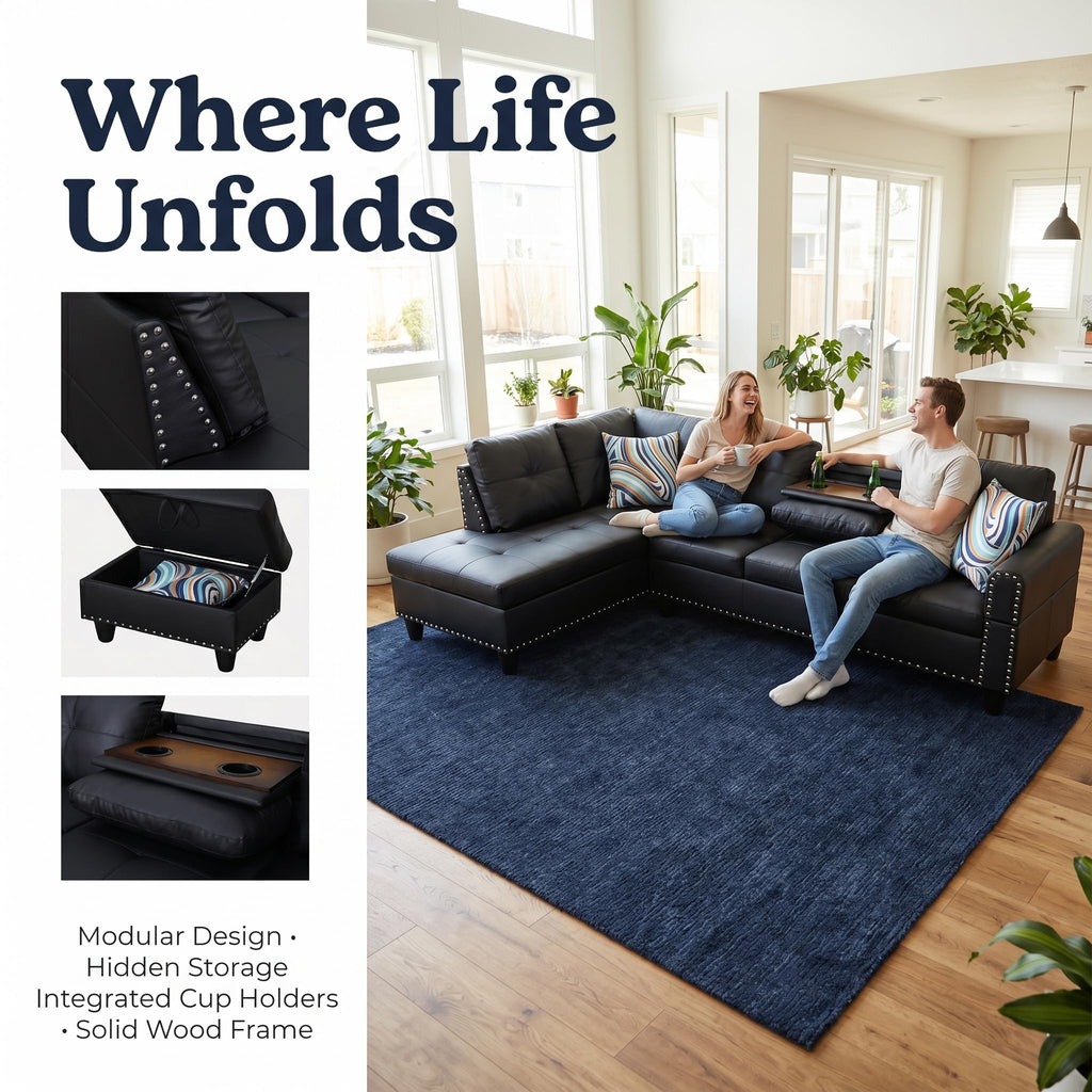Leather L-Shaped Couch Set, 97.5"L x 69.5"W Sectional Sofas Black