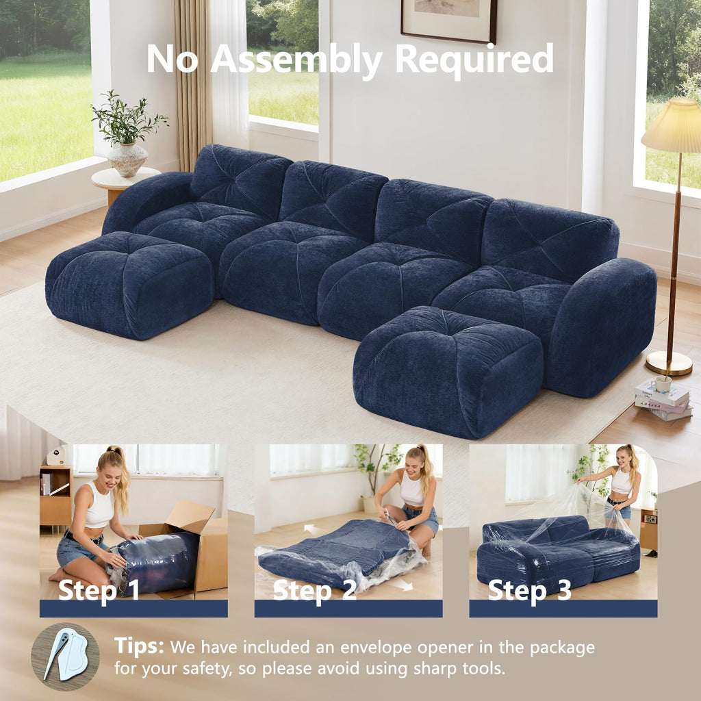 U-Shaped Boneless Sofa, Tufted 32d High Density Sponge Bottom, Anti-Slip Design, No Assembly Required, Free Combination, Movable Ottomans for Living Rooms, Home Theater, Blue