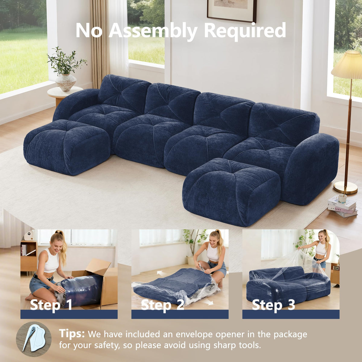 U-Shaped Boneless Sofa, Tufted 32d High Density Sponge Bottom, Anti-Slip Design, No Assembly Required, Free Combination, Movable Ottomans for Living Rooms, Home Theater, Blue