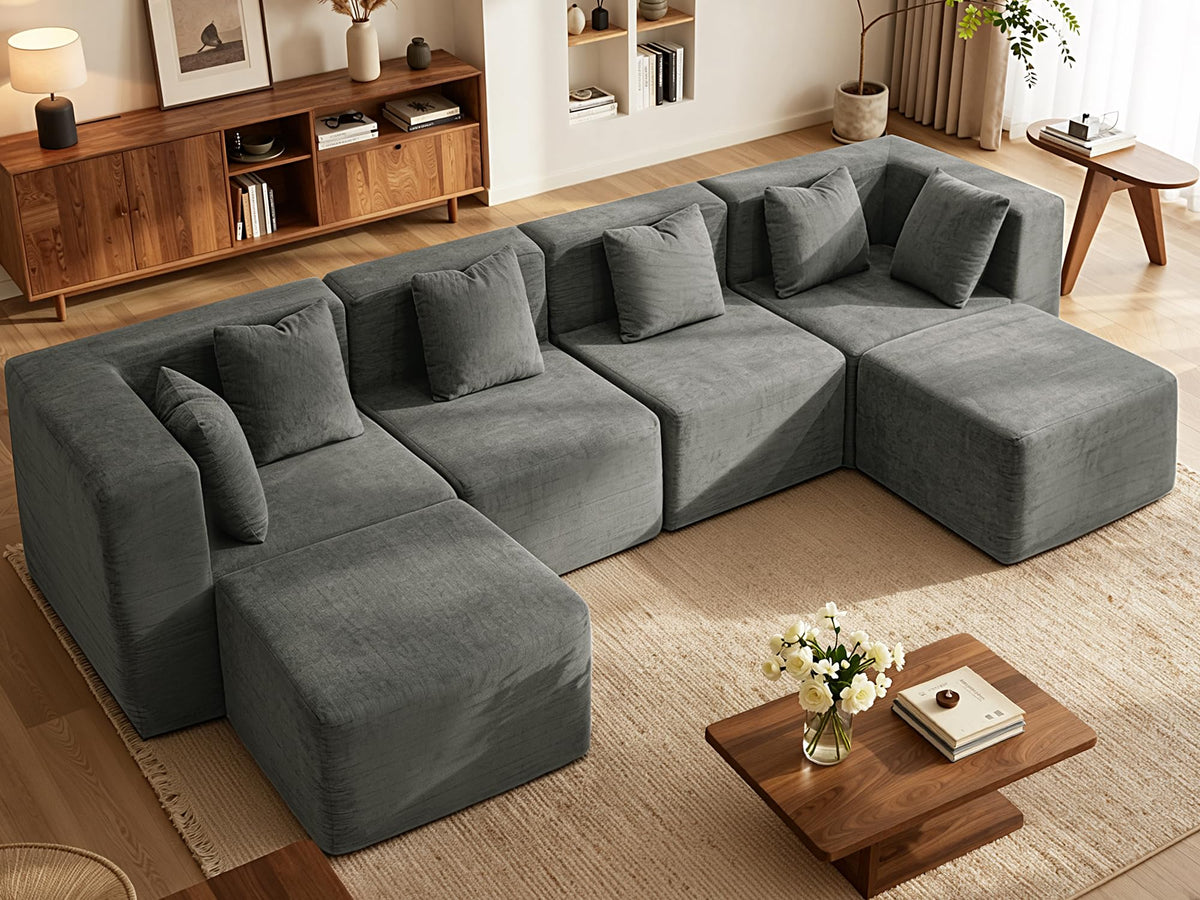 103" Three-Layer Sponge Boneless Couch sectional for Living Room Modular sectional Sofa High-Back 4-Seater L-Shape Couch with Ottoman Memory Foam Waterproof Chenille Black