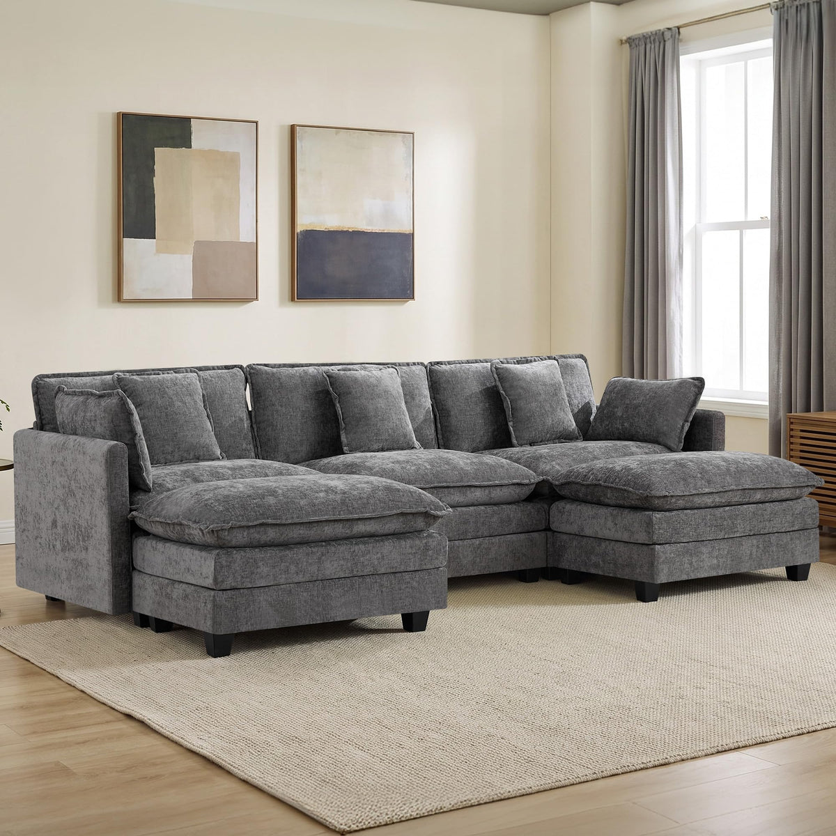 113" V-Shaped Cloud Couch, Modular Sectional for Living Room, Light Grey