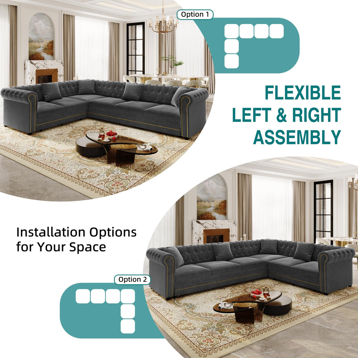 115'' Velvet L-Shaped Convertible Button Tufted Sleeper Sofa Couch, Luxury Oversized Pull-Out Sofa Bed with Gold Trim Rolled Arms and Throw Pillows for Living Room