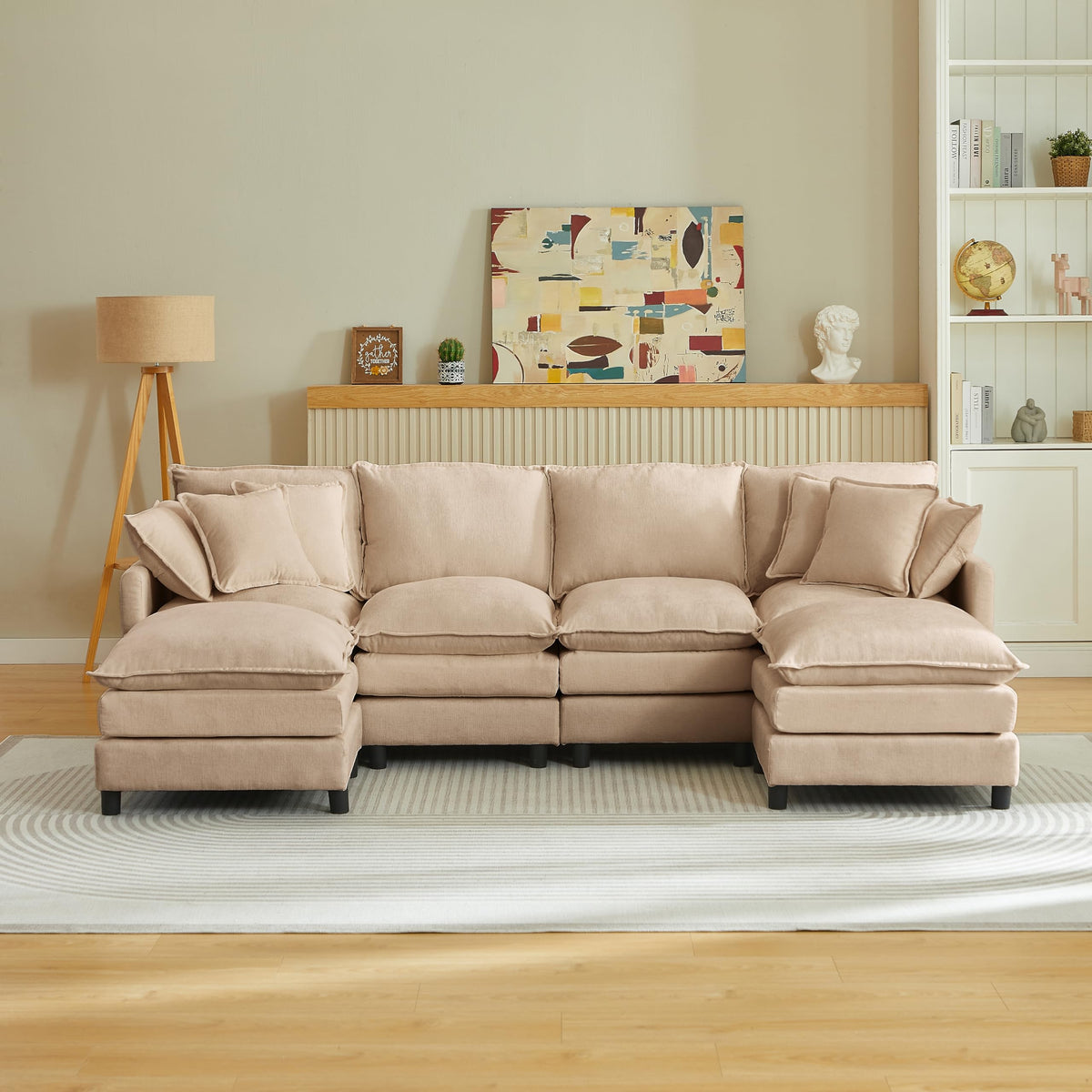 106" U-Shape Modular Sofa w/Ottoman, 4-Seater Chenille Cloud Couch, Coffee