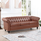 Tidyard 84.6? Brown PU Leather Rolled Arm Chesterfield Three Seater Sofa, Staggered Tufting, Solid Wood Frame, Pocket Spring Cushion, Birch Legs, 660 lbs Capacity