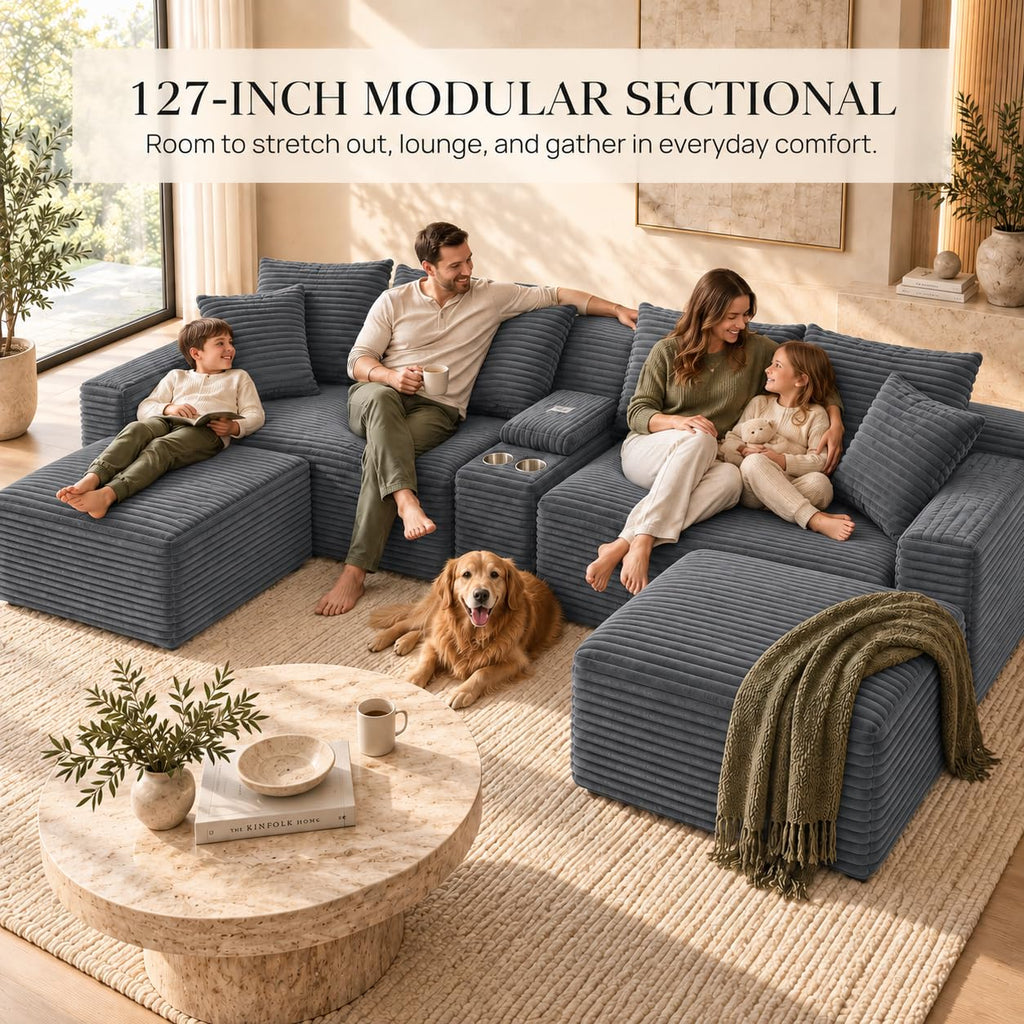 127" Cloud Modular Sectional Sofa, U Shaped Boneless Couch,Grey