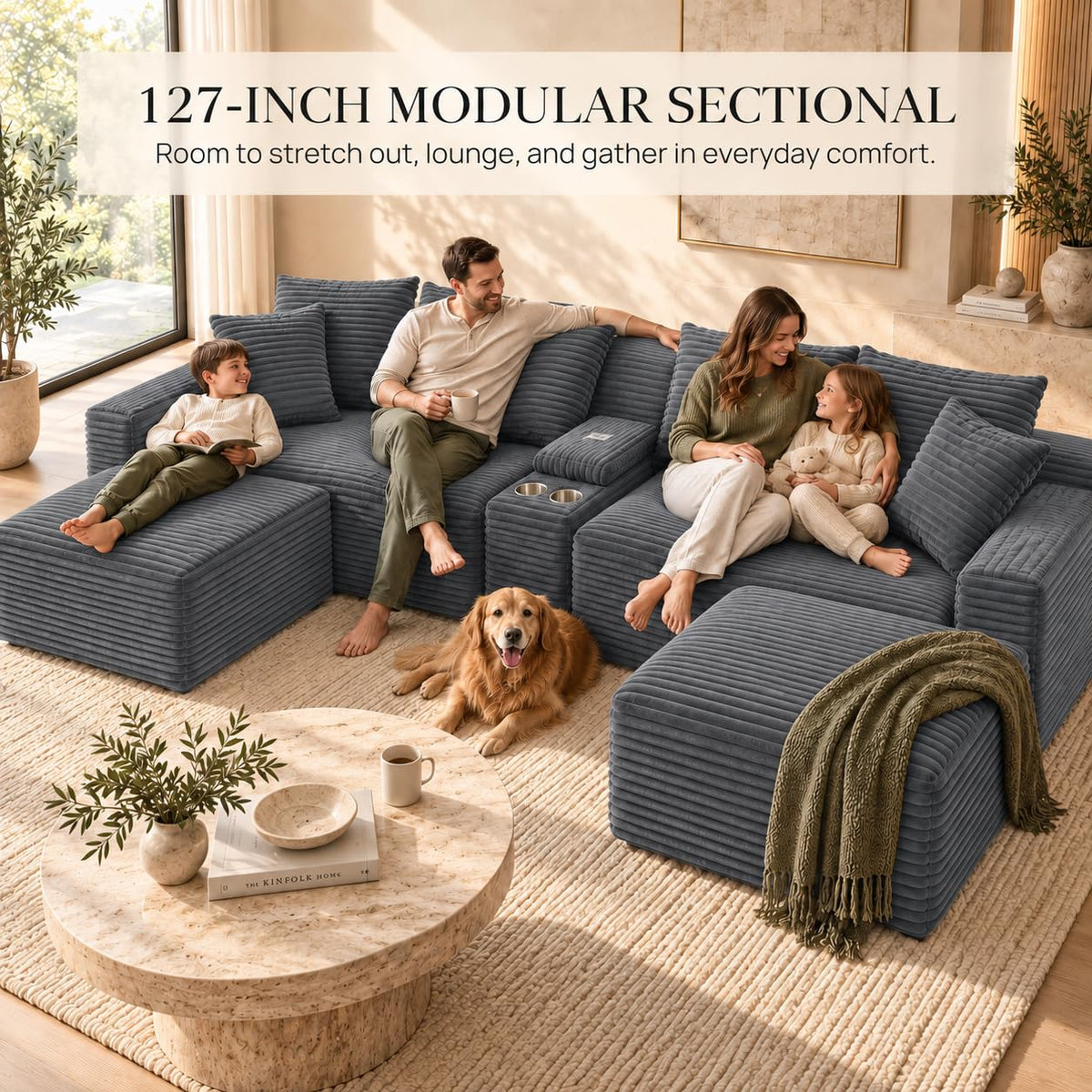 127" Cloud Modular Sectional Sofa, U Shaped Boneless Couch,Grey